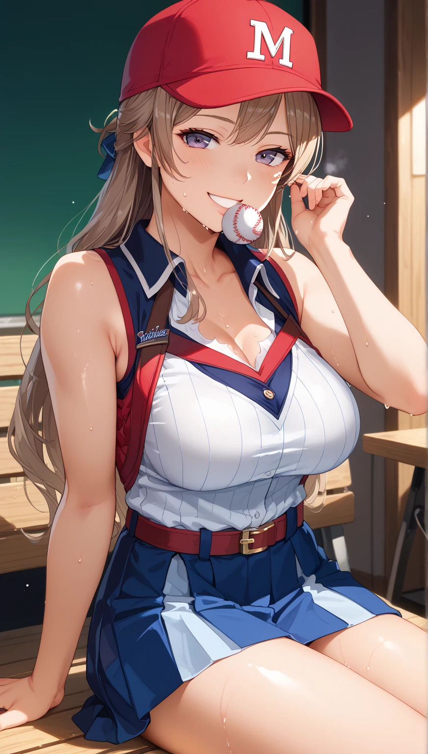 (low noise:1.8),(best quality,high resolution,row photo,real photo,Delicate picter:1.5),(detaileds beautiful eyes focus:1.5),loose , button gap,(covered pointy nipples:1.0),breasts,(clothed:1.3), red white gold uniform,(side-tie peek:1.5),(button gap:1.6), white skirt, white top, red ribbon, golden buttons, golden shoulder pats, young adult, 19 years, (embarrassed,blush:1.5),,clear skin,blonde hair,half updo hair, open mouth,(detaileds gray eyes：1.2), beautiful brown eyes, big breast, striking body curves, horny smile, pink lips, tiny girl, cute pose, masterpiece, (classroom background, school:1.5),(perfect hands,two hand:1.9)