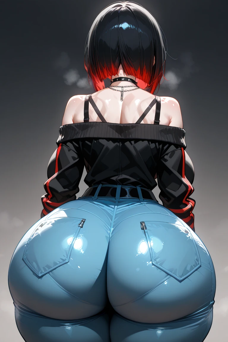 from the back, nice body, pretty face, older woman, light RED hair, eyes, neck chain, shoulders, SWEATSHIRT, LEGGING PANTS, big chest, belly, thin waist, thick legs, thick thighs, big ass, close-up scenery random background looking at viewer