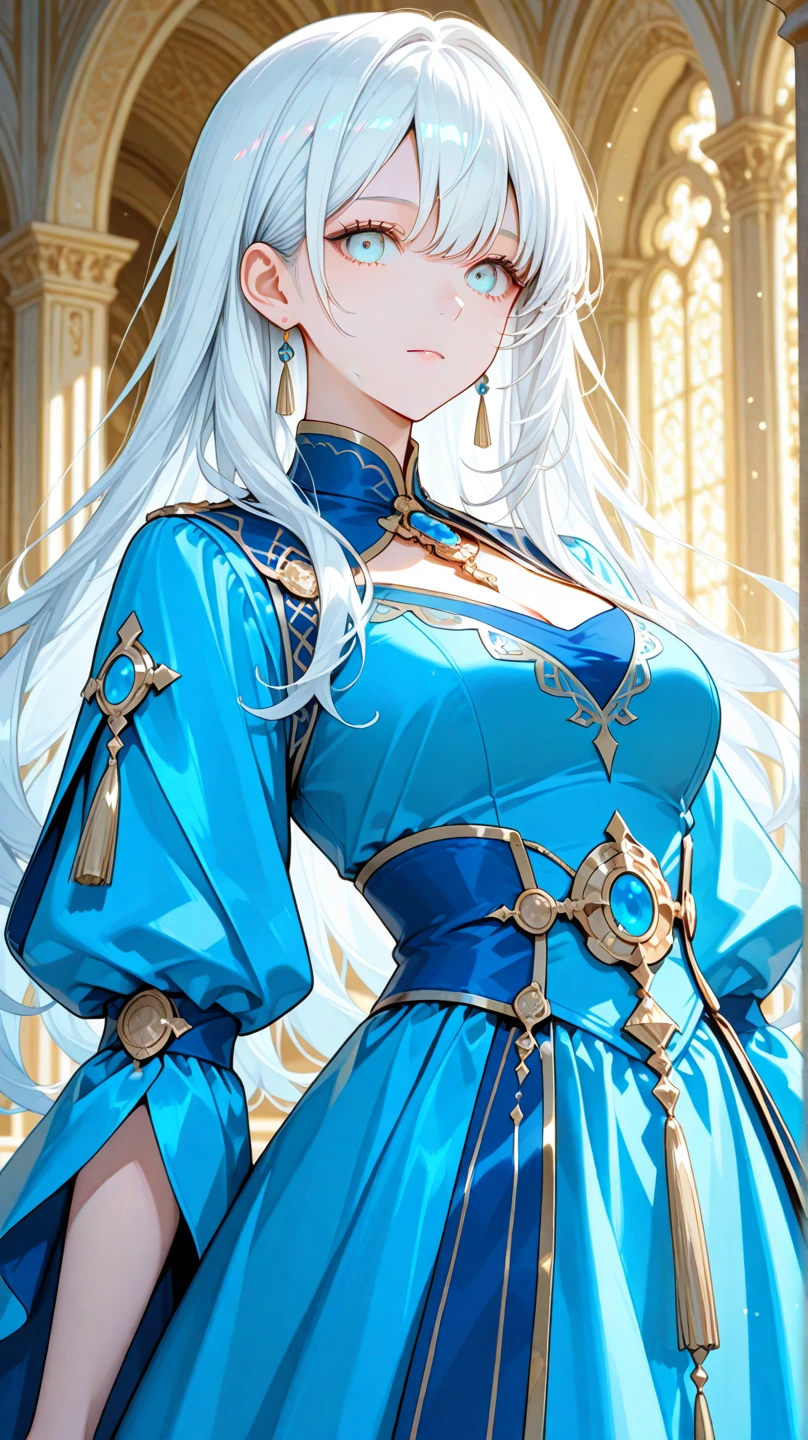 One girl, blue eyes, long hair, white hair, (((blue-streaked white hair))), french braids, delicate and flexible eyes, knightly attire, FOV, , ancient civilization's ruins background, blue sky, falling leaves, front portrait shot, face focus,  (((bare shoulders))), front bangs, (((asymmetrical hair))), knight lady, (((female knight blue attire))), looking at viewers, (((big breasts))), (((untied hair))), (((detached sleeves))), (patterned breastplate), (patterned breast armor), from front, face photoshot,long chandelier earrings,huge earrings, silver earrings,long earrings 