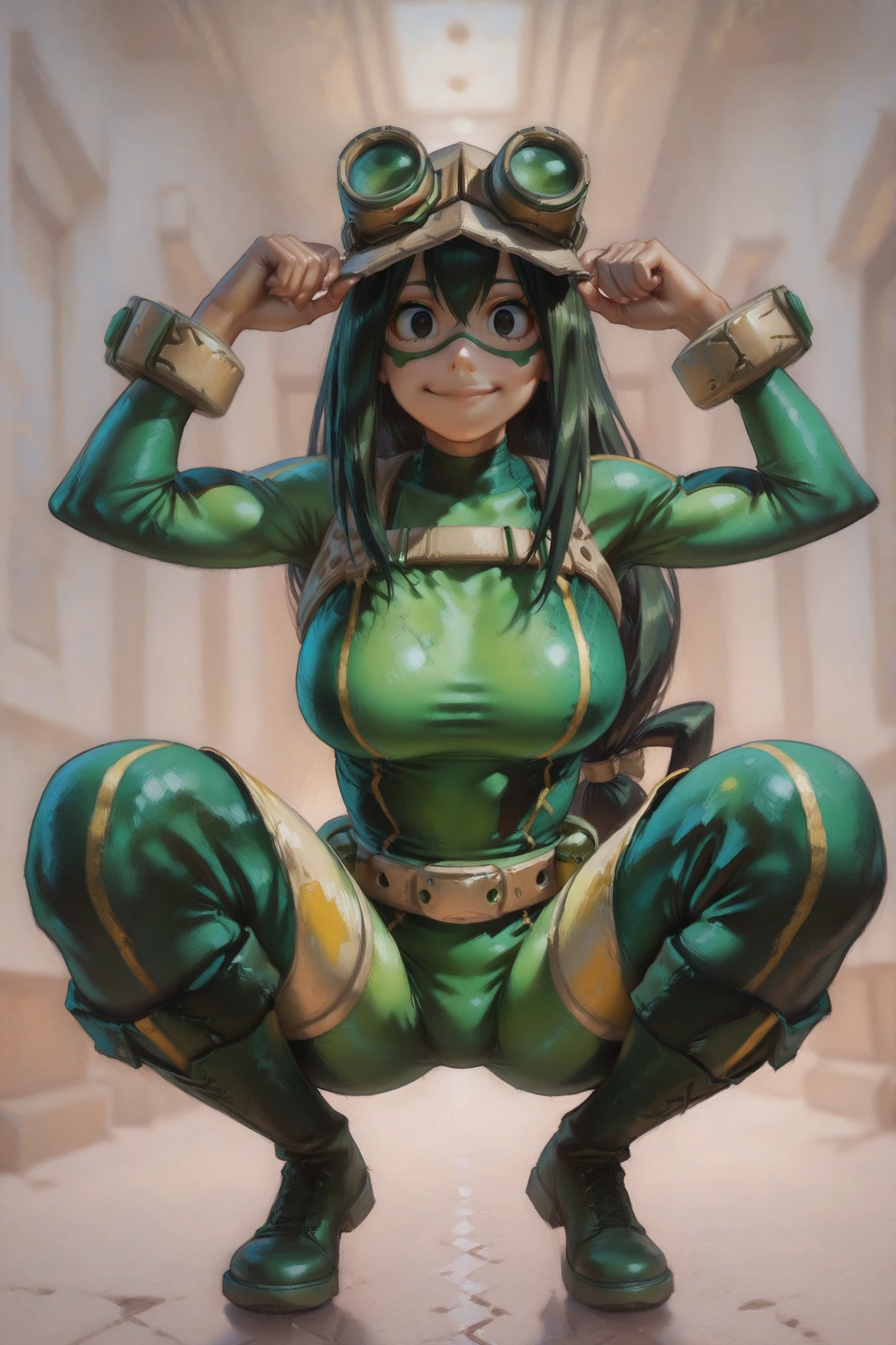 score_9, score_8_up, score_7_up, score_6_up, score_5_up, score_4_up,
BREAK
(masterpiece: 1.0), best quality, perfect anatomy, perfect composition, perfection,
BREAK
cinematic lighting, stopu42
BREAK
1girl. illutsuyu, long hair, black hair, green hair, low-tied long hair, black eyes, green bodysuit, goggles, domino mask, breasts, Smile, squatting, cute pose. Looking at viewer, cute pose, voluptuous, simple background, Painterly, hyperdetailed painting, impressionism