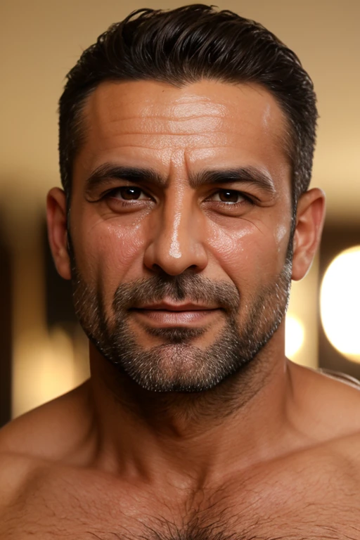 A hairy fit Syrian man, flames in the background, close-up face photo, sexy