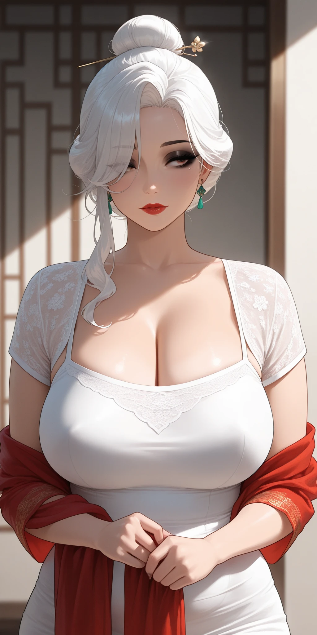 ((masterpiece)), ((best quality)), (detailed), perfect, solo, purah, gorgeous woman with cleavage, luscious lips, white hair, huge breast, deep cleavage, huge breasts, sexy,