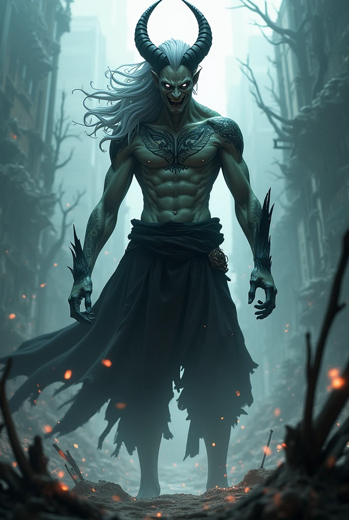 Make a human male anime character with characteristics of an undead being who retains part of his humanity, with him using 2 sickles