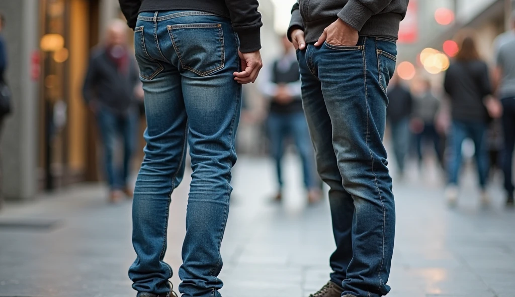 three men in shorts and leather shorts are standing next to each other, sem camisa :: Alto detalhe, em roupas! altamente detalhado, roupas realistas, altamente detalhado clothing, clothes Alto detalhe, corpo perfeito fotorrealista, jeans azul. Irreal 5, detalhes hiper-realistas, estilo hiper realista, tanga, roupas abertas no peito, roupas muito detalhadas e ricas, forma corporal realista
