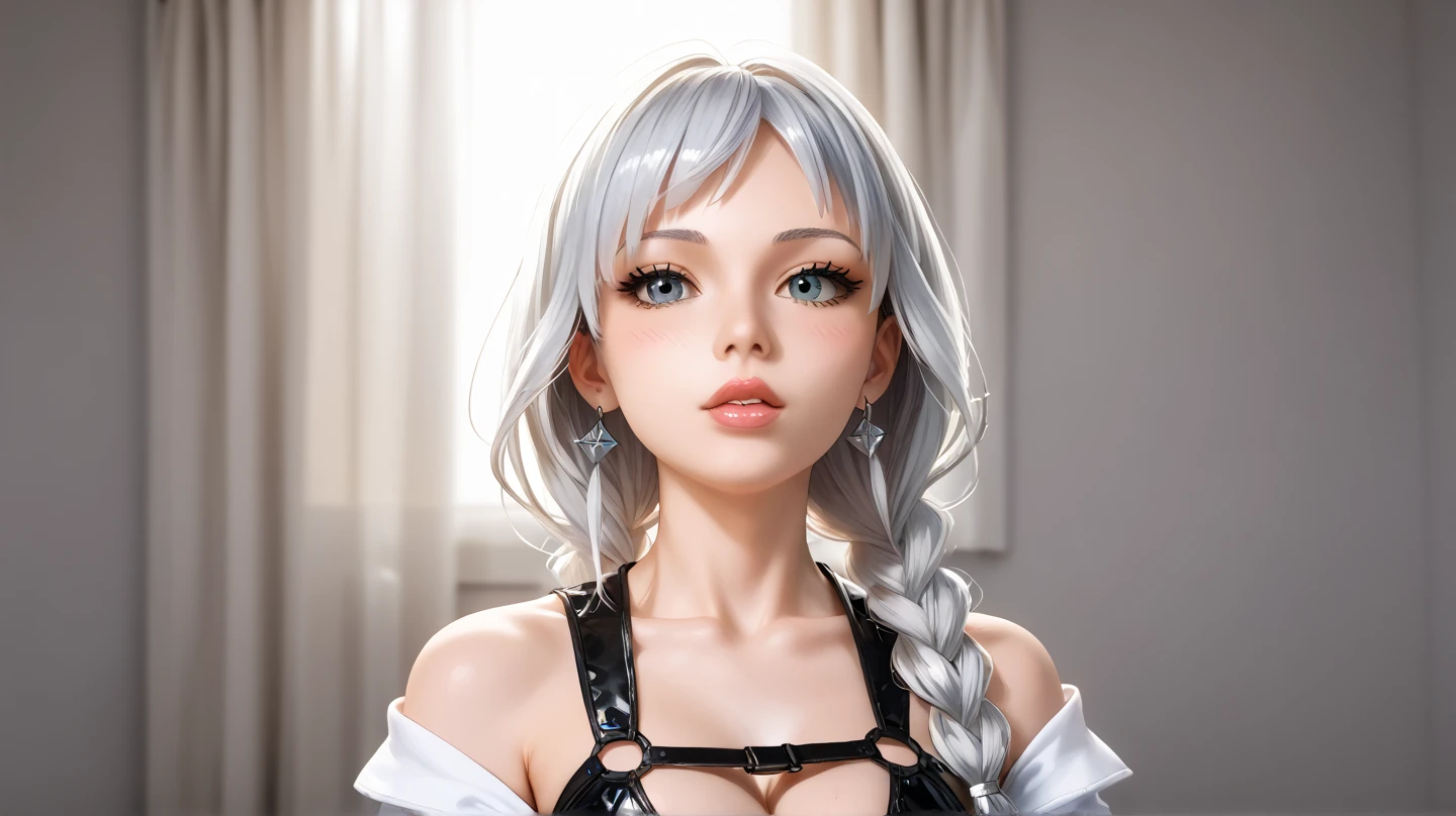 She has short light white hair, her hair is tied up, her face looks like she's , her eyes look very beautiful black, her breasts look very big and Her are pink, Seen the woman's is pink, and beautiful girl