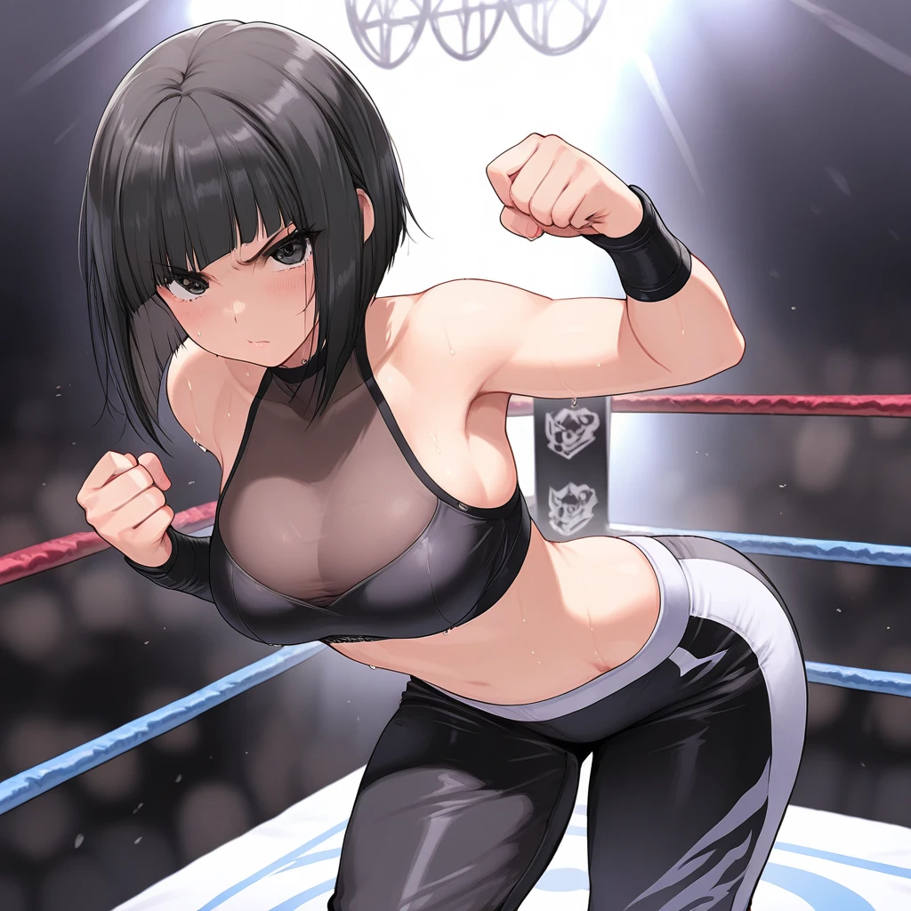 (ultra detailed body, ultra detailed face), solo, anime style, hires ((pro wrestling arena, pro wrestling match, crowd watching)), (hinata\(boruto\), (female wrestler), (slender body), mature woman, milf, (black bikini, ultra detailed pro wrestling gear), victorious, gorgeous, winner, serious face, closed mouth, (pale skin, shiny skin, lighting and shadow), (dark blue hair color:1.1), wavy hair, ((short hair, hime cut, floating hair), big breasts, (fighting stance), )long belly(, closed fists, seductive, (perfect eyes, white sciera, bright eyes, white eyes, anime eyes, looking at the viewer)