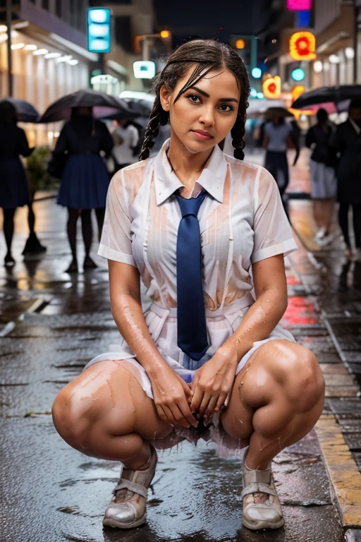 (highest quality、8k、High resolution、masterpiece:1.2)、Young and beautiful woman、Huge Breasts、(Correct Anatomy)、(Spread your legs)、(Squat)、(Excited expression)、(White Shirt、A bow tie、Tartan check mini skirt、White panties:1.3)、(Heavy rain:1.7)、(Motion Blur Effect:1.55)、(Wet body:1.55)、Busy street at night、neon、(Looking at the camera)、mynatalee woma、cr1r3、ahud