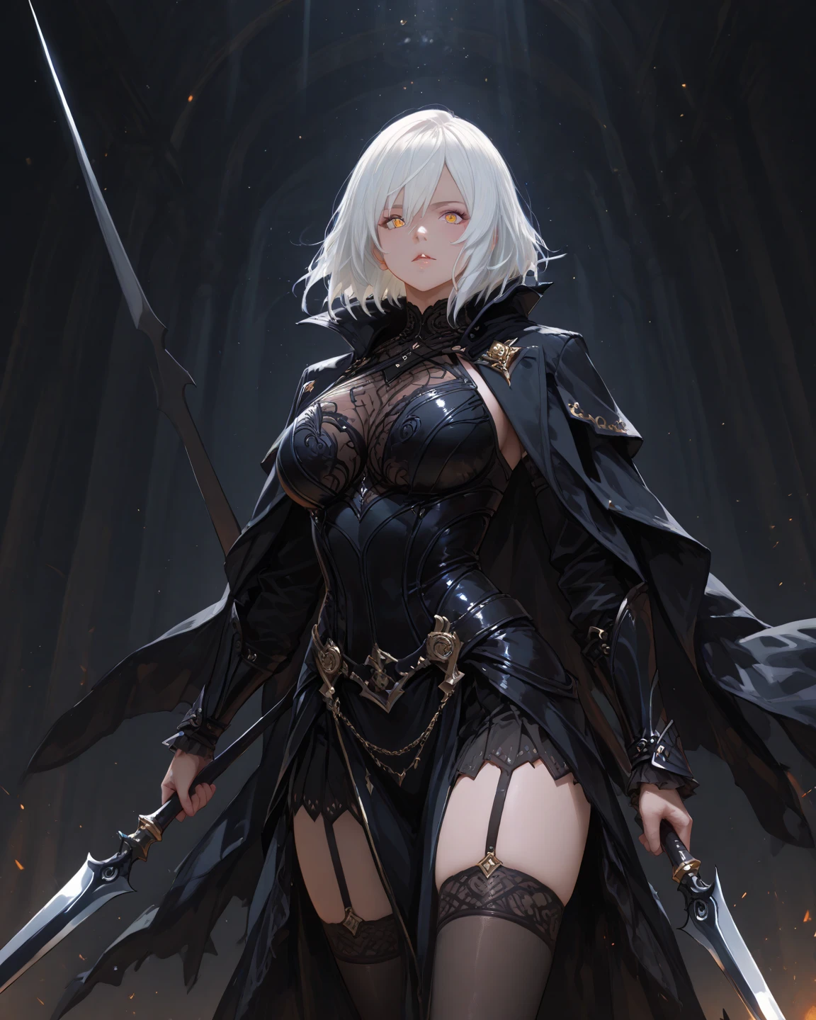 Vampire (neko) Girl with long vampire fangs. tousled short white hair hair. cat pupils in white glowing eyes, cat ears. long vampire fangs, very extremely beautiful, Beautiful face of a young woman. Gothic Necromancer Armor, red, Black pants. grey fur cape, grey fur mantle, many details, Mystical green forest. Semi-fantastic realism. the golden ratio. a lot of details, necromancy, Lots of glowing elements. fantasy style.