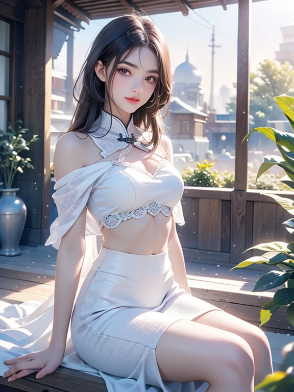 nnk,tongue out,1girl,(quality improvement:1.4),Visible cleavage,Sexy long legs,The skirt is short,She gently lifted her skirt with one hand,Surrounded by white Phalaenopsis orchids,Lilac dendrobium、White Lily, Flying petals,(Top quality leather), Delicate face,Black Hair, Gradient hair, Body,(Body1.1), He has a precious gem on his forehead.., Frameless glasses, Shining Student,Long eyelashes,Smile, Surrealism, Movie Lighting, Projection Insertion, Surrealism, Ultra HD, masterpiece,lie,Keep dreaming,Open your legs slightly.,Tattoo,Fantasy Space,Luxurious space,Exquisite makeup,Blush,Shy expression