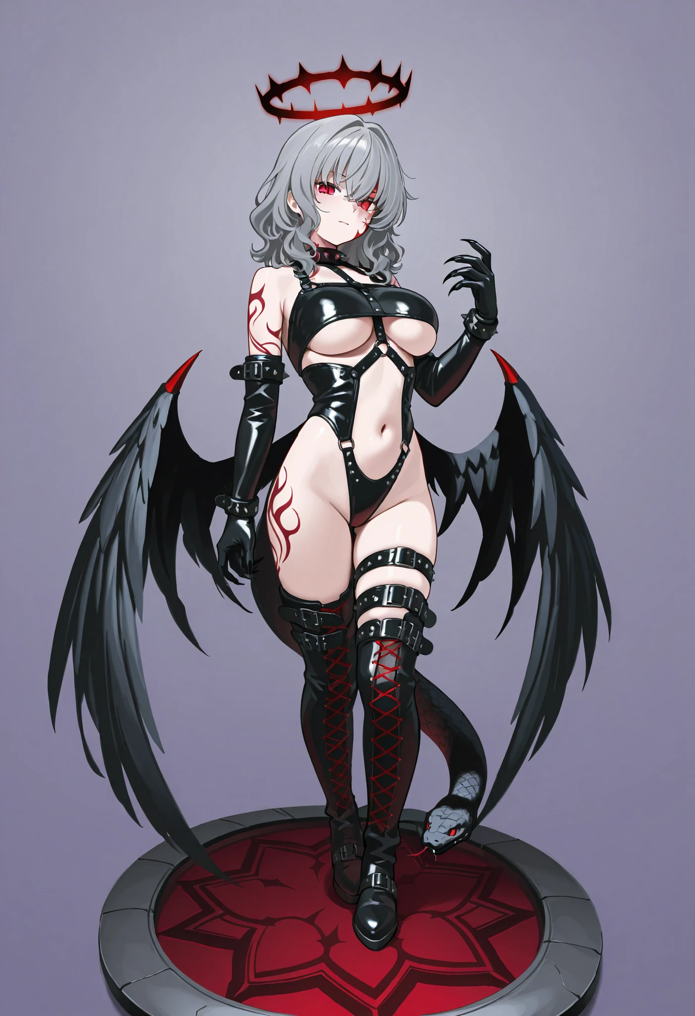 Fallen angel girl. Grey hair. Medium hair. Wavy hair. Red eyes. Tattooed face. Black bondage costume. Underboob costume. Leg belt. Long gloves. Oversized boots. Sharp claws. Studs. Spikes. Black wings. Jagged halo. With snake. Aura snake.
