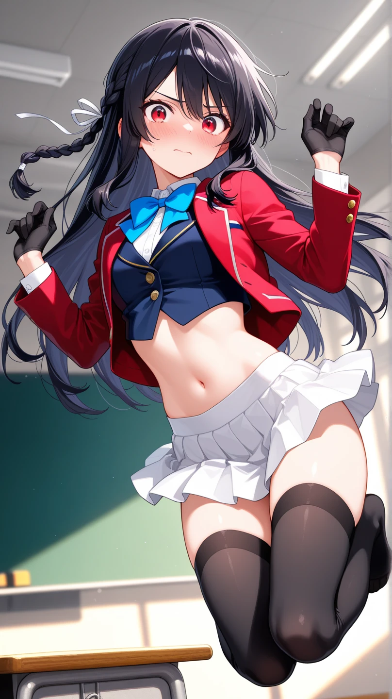 masterpiece, ultra high quality CG, best quality, perfect picture, 1girl, solo, Laura S. Arseid (long dark blue hair, ponytail and side Bang, small boobs), showing panties under raised skirt, embarrassed red jacket, green skirt, thigh boots, in a classroom