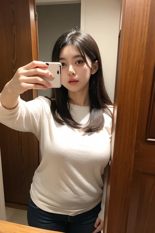 Highest quality,masterpiece,Ultra-high resolution,(Realistic:1.4),Beautiful lighting, (Highly detailed CG Unity 8K wallpapers), Beautiful face in every detail,Detailed clothing, 50mm portrait photography, No background、One Girl,Big black eyes, cute, young, Temporarily stop, Facial Lighting, Physically Based Rendering,Written boundary depth , Black Hair, short hair, ((Shoot from above)), Japanese women、20-year-old、pinkTshirt、(Big Breasts)、(Upper Body)、Beautiful young woman taking a selfie, Taken with iPhone camera、In front of a white wall、Selfie