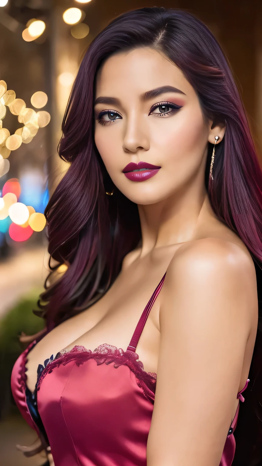 Create an image of a young, attractive woman named Luna Valentina, who is sexy and eye-catching. She has long, dark black hair with pink highlights, cascading over her shoulders. Her eyes are large and expressive, with makeup that accentuates her gaze. She is wearing a stylish and provocative outfit, such as a fitted top that highlights her figure, paired with subtle yet sophisticated accessories like earrings or a delicate necklace. Her facial expression is confident and seductive, with a slight smile on her lips. The background is simple, with a neutral color that doesn’t distract from the main focus: Luna Valentina.