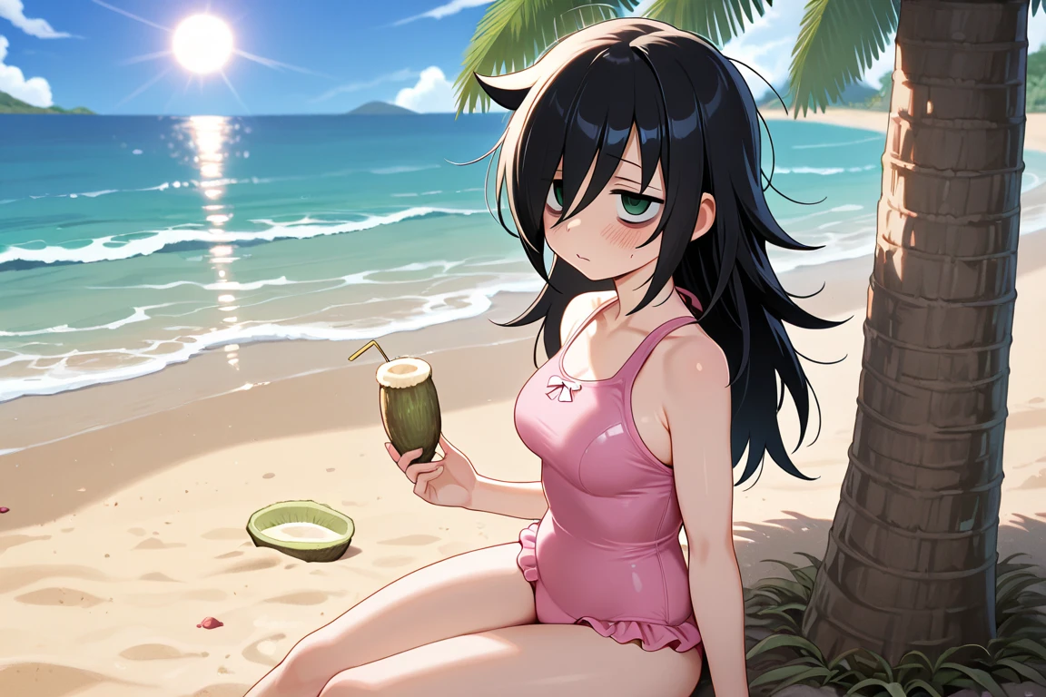 Boku no hero academia anime style, young adult girl, with Latin features, long, straight black hair, beautiful, golden yellow almond eyes, with eyeliner, light tanned skin, serious look, she is walking barefoot, sipping a coconut drink decorate, near the sea, beach day, soft lights, pink and orange sky, she wears a bikini with flowers print.