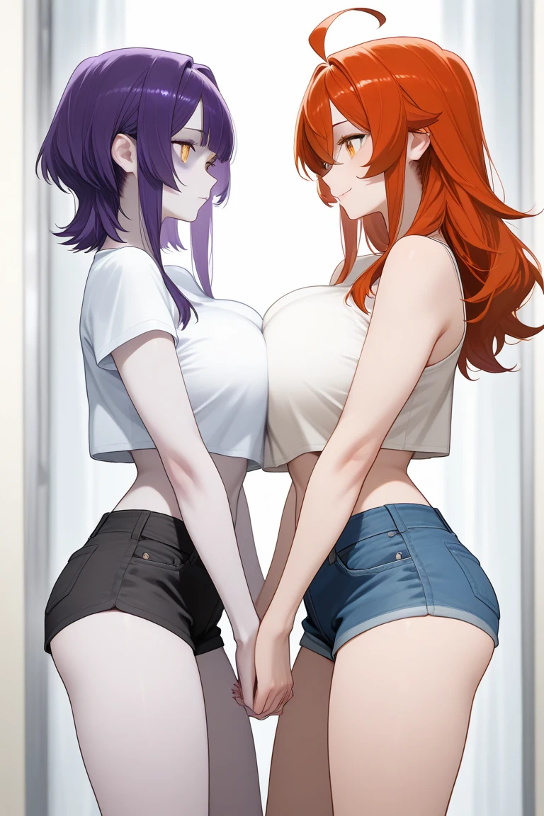 Two women, facing each other, defiant gazes, a shorter woman and a tall woman, one woman with a thin complexion and the other woman with a broad complexion, big breasts, nude, full body