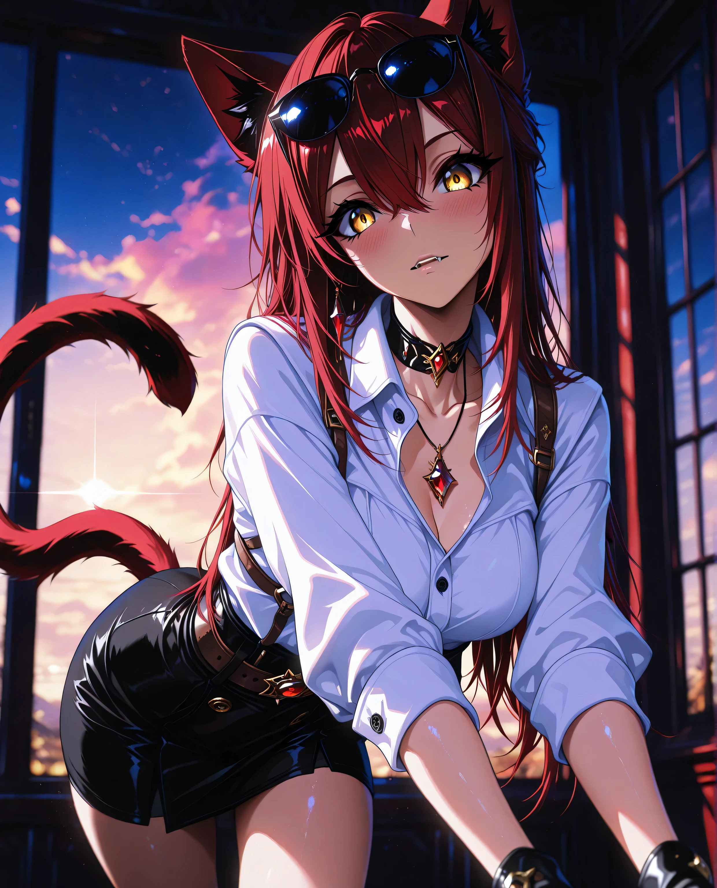 1 girl , golden eyes , very long hair , long sidelocks, red hair ,half updo, petite , very cute , beautiful ,Straight hair, cool, handsome, hair between eyes, sexy, medium breasts , brown fingerless gloves, cleavage, gem, leaning forward, looking at viewer, parted lips, necklace, ((white collared shirt)), animal ears, black choker, cat ears, cat girl, cat tail, cropped jacket, eyewear on head, collarbone, pencil skirt, red gemstone, solo, belt, collar,  harness, brown harness, buttons, masterpiece, best quality, good quality, newest, very aesthetic, absurdres, Visual impact, A shot with tension, ultra-high resolution, 32K UHD, sharp focus, best-quality, Emotionalization, masterful details, temperate atmosphere, with a high-end texture, in the style of fashion photography, (Visual impact:1.2), impactful picture, offcial art, colorful, movie perspective, perfect anatomy, 5 fingers, (colorful), scenery, divine princess, smooth body,head tilt, looking over at viewer, dynamic pose, godrays, ray stacing, volumetric light, sky, solo, stretching, window, eyelashes, skinny, Asian facial features, blushing, fangs, (detailed skin),cinematic lighting , cinematic angle, soft light , color detail, backlighting, Depth of field, long exposure, light steps,  intricate colors, vibrant colors,