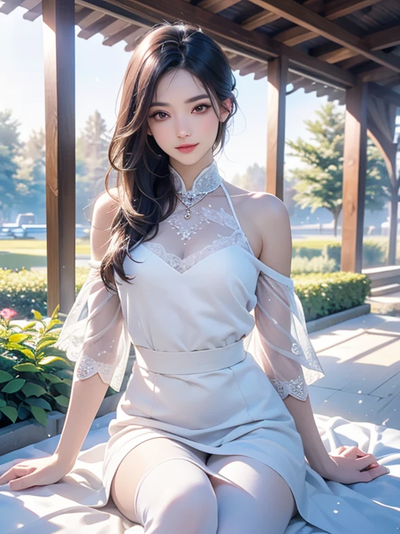 (nsfw), sexy stylish Thai model, only 1 female, ((doll-like appearance)), short Auburn stylish hair, ((shiny Victorian-Style boots)), (big smile), ultra detailed eyes, vivid eye makeup, lipgloss, long lashes, defined eyebrows, ((sexy Paradise Kiss cosplay)), bell-shaped skirt, petticoats, high neckline, puffed sleeves, ((ultra detailed lace)), ((ultra detailed embroidery)), intricate details, Paradise Kiss accessoires and matching headpiece, choker, ((large sparkling Paradise Kiss jewelry)), cinematic light, detailed large park background with trees