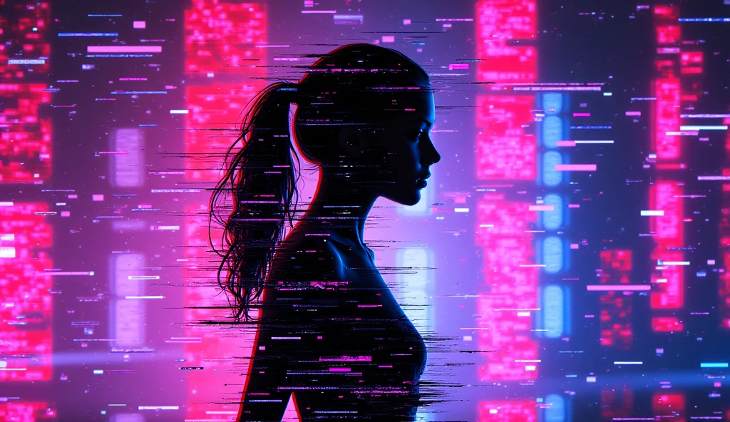 high quality, 8K Ultra HD, Imagine a vibrant canvas illuminated by a cascade of colorful binary code, forming the silhouette of a captivating woman, The dynamic lines and patterns, reminiscent of a digital dance, weave together to create a harmonious fusion of technology and art, The binary code, in hues ranging from electric blues to radiant reds and vivid greens, breathes life into the woman's form, a testament to the seamless integration of technology and beauty