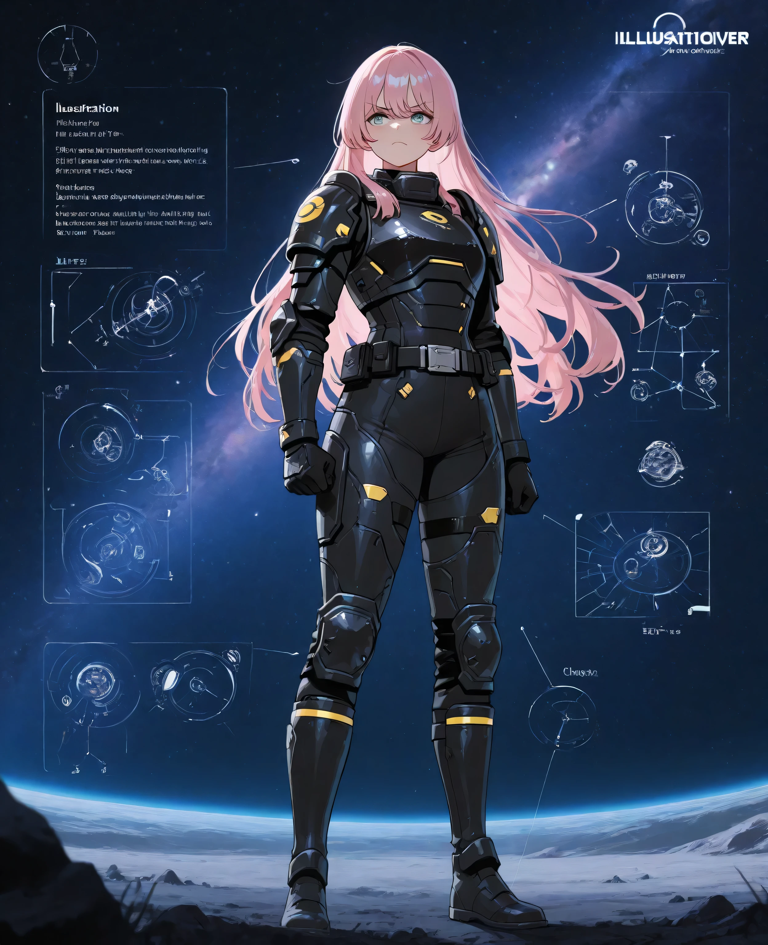 one girl,Mygo,chihaya_anon, long hair,pink hair, best quality, Amazing quality , Very aesthetic, high resolution, super details, soft, color, absurd, Latest Stunning, Fine face , Beautiful Face,Angry emoticon, helldiver armor, black armor with yellow accents , belt , boots , gloves , shoulder pads , knee pads , belt ,outdoor, dynamic soft, cinematic soft, standing on a spaceship , space background , 1
(Large Digital Artwork), (Detail Cartoon illustration), (Detailed Script), (( perfectly anatomical structure)), ( Detail Complex :1.3), (Super detailed:1.3), ( illustration:1.3), ( focus:1.3), ( natural soft:1.05)