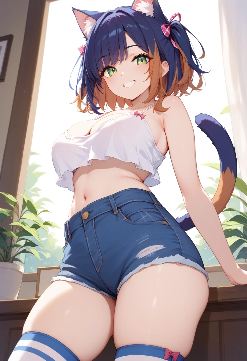 matikanefukukitaru \(umamusume\) in sexy mini shorts and sports bra, crouched deadlifting with a bar with her back facing a gym mirror, sweating, High Resulution, UHD, detailed image.