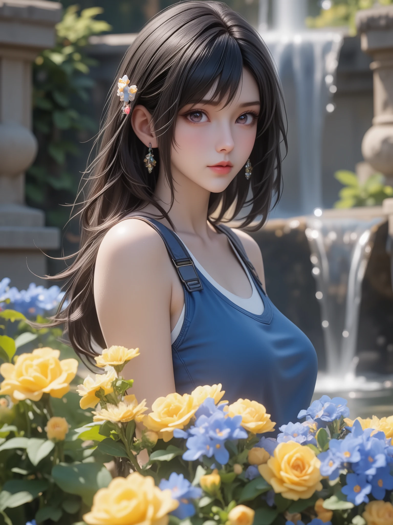 (masterpiece, best quality), female golden age, lanky, polynesian, blue eyes, unique cheeks, , denim blue space buns hair, worry wearing microfiber g-string, off-the-shoulder top, slingback pumps, hatpin,, lying on stomach with legs raised, lying on the stomach with legs raised, showcasing elegance and allure, sunset lighting, the warm, golden glow of a sunset, adding a romantic and enchanting feel to the scene, a peaceful garden, with blooming flowers and butterflies fluttering around
