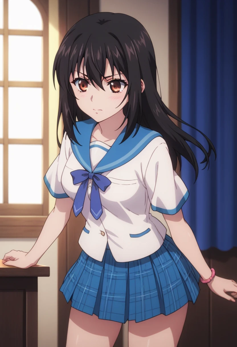An image of Yukina Himeragi, long hair, black hair, brown eyes, medium breasts, Falda, ribbon, school uniform, Falda plisada, serafuku, sailor collar, Falda azul, squares , ribbon azul, Standing in a room , looking at the spectator , thighs , levantando su Falda mostrando sus bragas rojas con encaje
