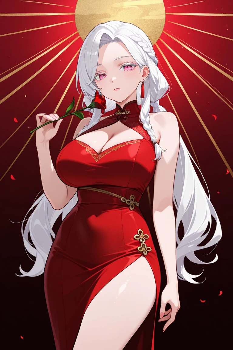 torn red cheongsam，long white hair，Low-cut clothes，Huge breasts，Torn black pantyhose，groin，胸前Holes in clothes，胸前Clothes Damaged，Holes in clothes，Clothes Damaged，Battle damage，severely injured，Wipe the blood from the corner of your mouth with your hand