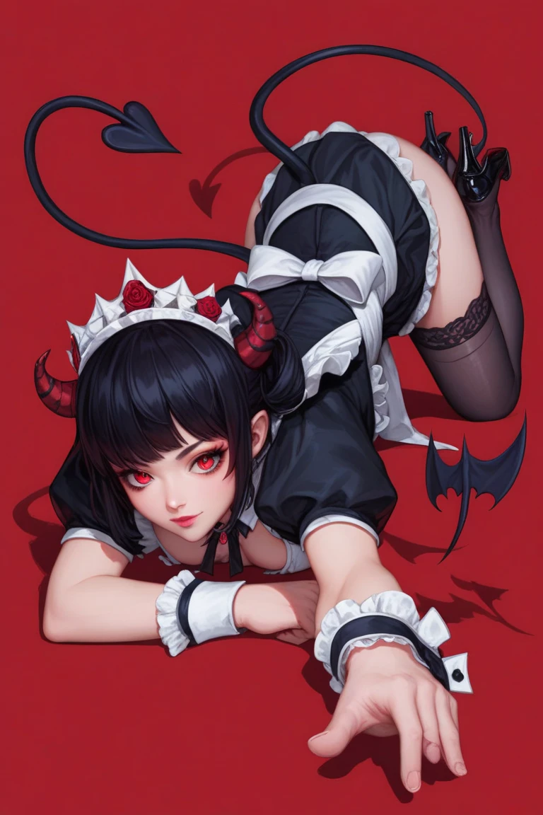 , masterpiece, Highest Quality, Highest Resolution, perfect background, perfect perspective, sharp image, perfect details, perfect lighting, perfect shadows, Perfect lighting, Best background, 1girl, Scarlet, multicolored hair, horns, demon tail, red eyes, short hair, black hair, red hair, red dress, cleavage, bare shoulders, sleeveless, thigh highs, fishnets, red flower, indoors, heavy blush