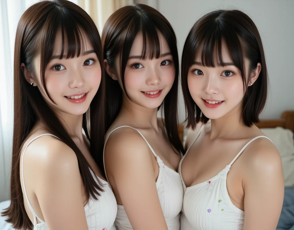 masterpiece, Better Quality, hight resolution, ((Photorealsitic:1.4, Raw photography, 超A high resolution,Top image quality: 1.4)), ((Do not split)),((upper body 1.5)), Beautiful detailed eyes, Natural Color Lip, ((A big smile:1.5)), ((Random and cute curly hair)), ((Random breast sizes from large to medium:1.3)), ((Random sexy clothes:1.6)), ((Random Lightwear:1.2)),((breastsout、arm under glasses:0.9)), ((peer in from below)), ((Hotel)), ((Random and cute facial expressions)),, ((3 girls、Three people standing side by side:1.5)) very detailed and professional lighting、 ((Random and cute facial expressions:1.5))、 ((Waki Display:1.5))、 ((I'm showing off my waki:1.5))、 ((thigh visible:1.5))