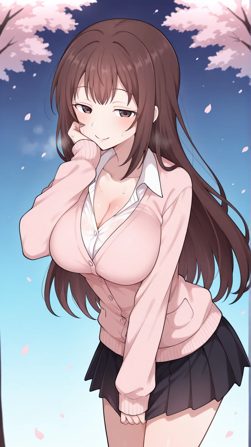 Anime style girl with brown hair with glasses wearing an off-the-shoulder sweater, long hair, black skirt, light pink cheeks, anime style, holding her hands behind her head and smiling