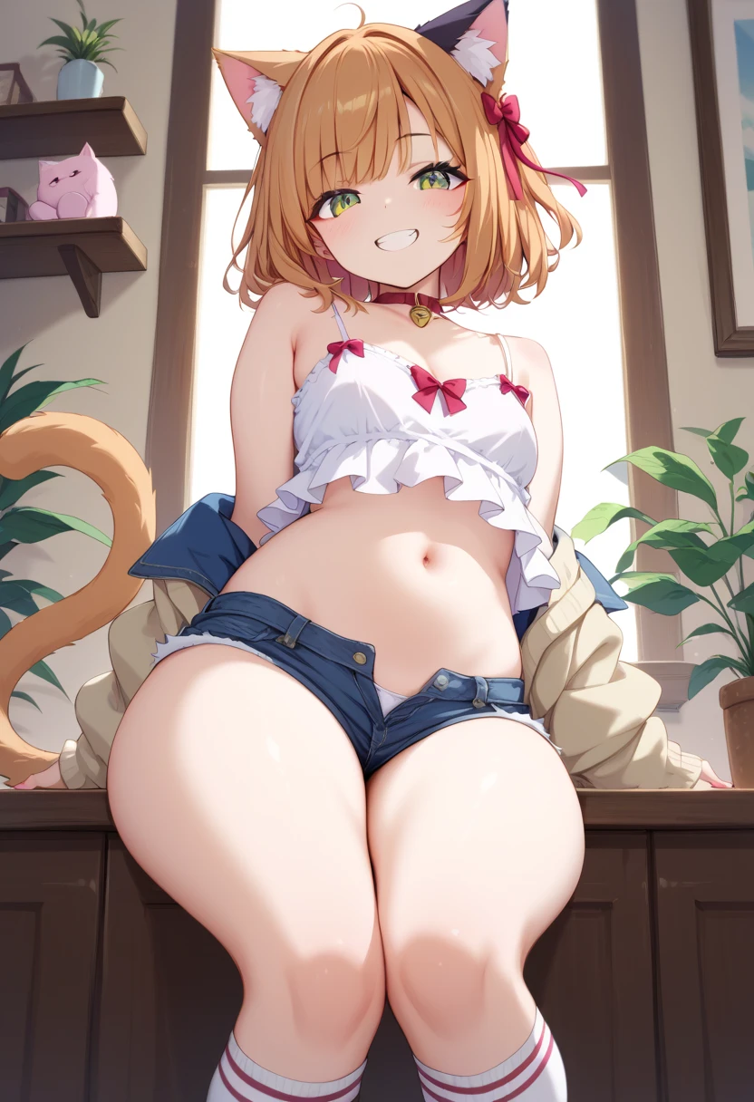 Hentai、High resolution、Focus on people、Kemono Friends、Serval cat、A gal in summer clothes smiles and spreads her legs to show off her sexuality at the safari park、Perfect proportions、Cowboy Shot、Very large breasts、Fatty thick legs、Exposing her thick pussy、Sweaty