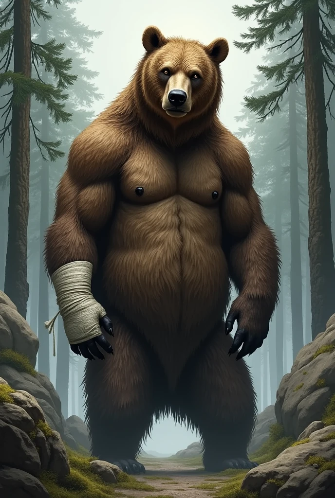 a grizzly bear, detailed realistic bear,bear wearing a plain white t-shirt, bear wearing blue cargo shorts, bear standing upright,bear in natural environment,highly detailed bear fur,realistic textures,photorealistic,detailed facial features,sharp focus,cinematic lighting,vibrant colors,award winning digital art