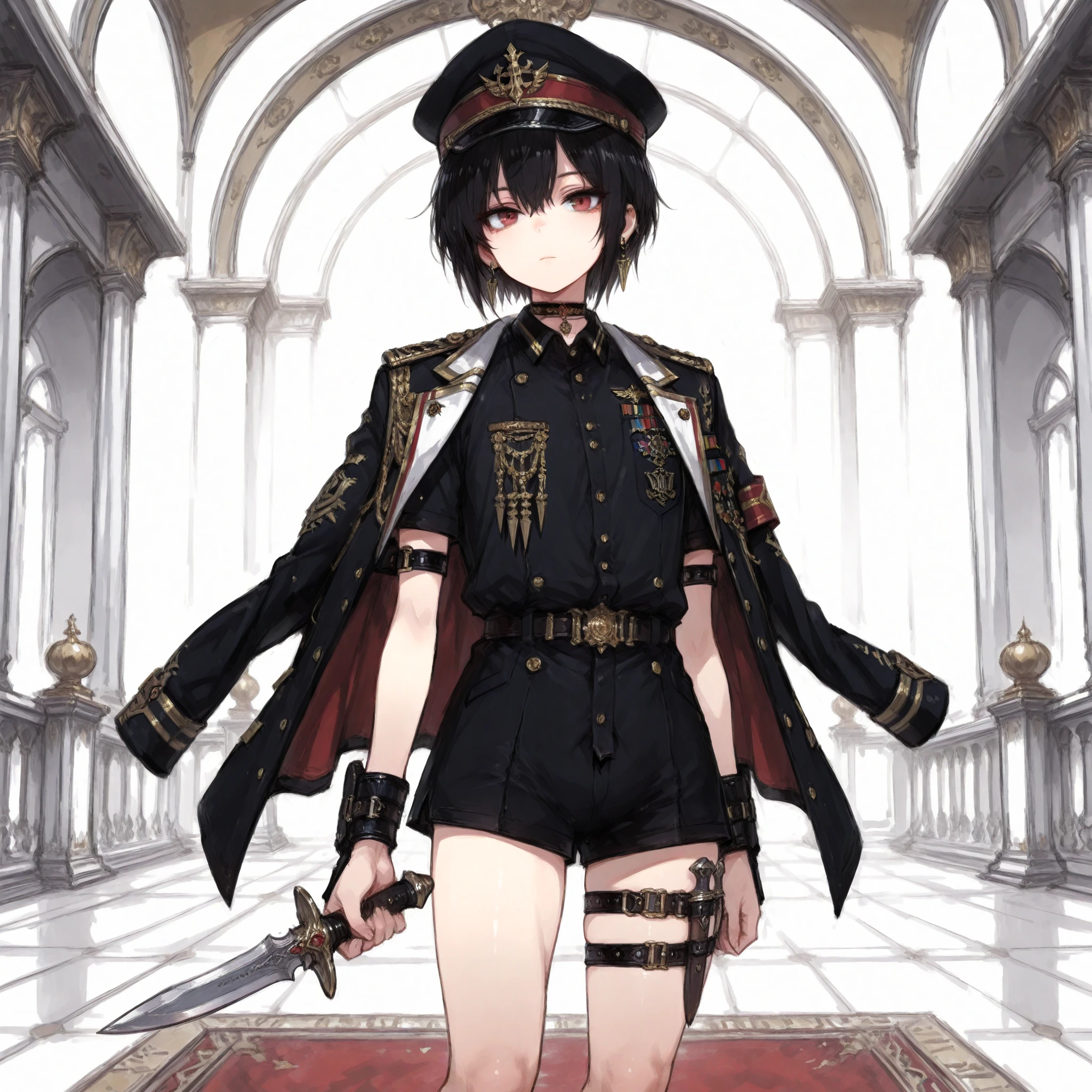 ((Best Quality)), ((masterpieces)), (detailed), Perfect Face, SOLO, ((femboy)), tomgirl, ANIME, beautiful detailed eyes, BOB hair, BOBed hair, black hair, RED EYES, BARE thighs, (((BARE LEG))), ((BLACK short pants)), (((dress shirt))), ((Flat chest)), Choker, (knife thigh strap), (General's Uniform), uniform hat, ((general uniform top)), arm straps, ((black general's uniform top draped over the shoulders)), expressionless, tight short black shorts, earring, Royal palace, GREAT HALL, (buckle), ((Tuck in the shirt)), ((uniform outerwear)), short sleeves, wrist guard, ((Holding dagger))