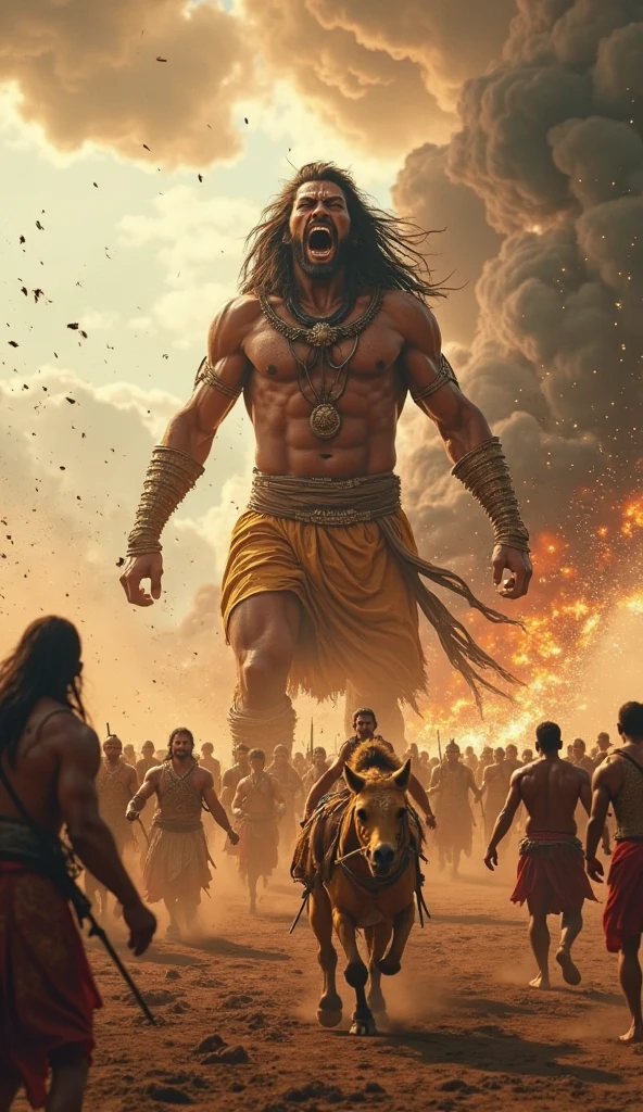 A muscular Indian warrior named Bheema, Mahabharata, captured from a distance in an evening post-war scene, holding a huge round golden mallet, backlit by a foggy and burning ruins, (best quality,4k,8k,highres,masterpiece:1.2),ultra-detailed,(realistic,photorealistic,photo-realistic:1.37),dramatic lighting,cinematic composition,epic fantasy,detailed muscular body,intense expression,Mahabharata,battlefield,dramatic smoke and fog,warm color tones,dramatic atmospheric lighting, dead bodies fallen, bloody,  chariots fallen, horses running in background, people fighting in background 