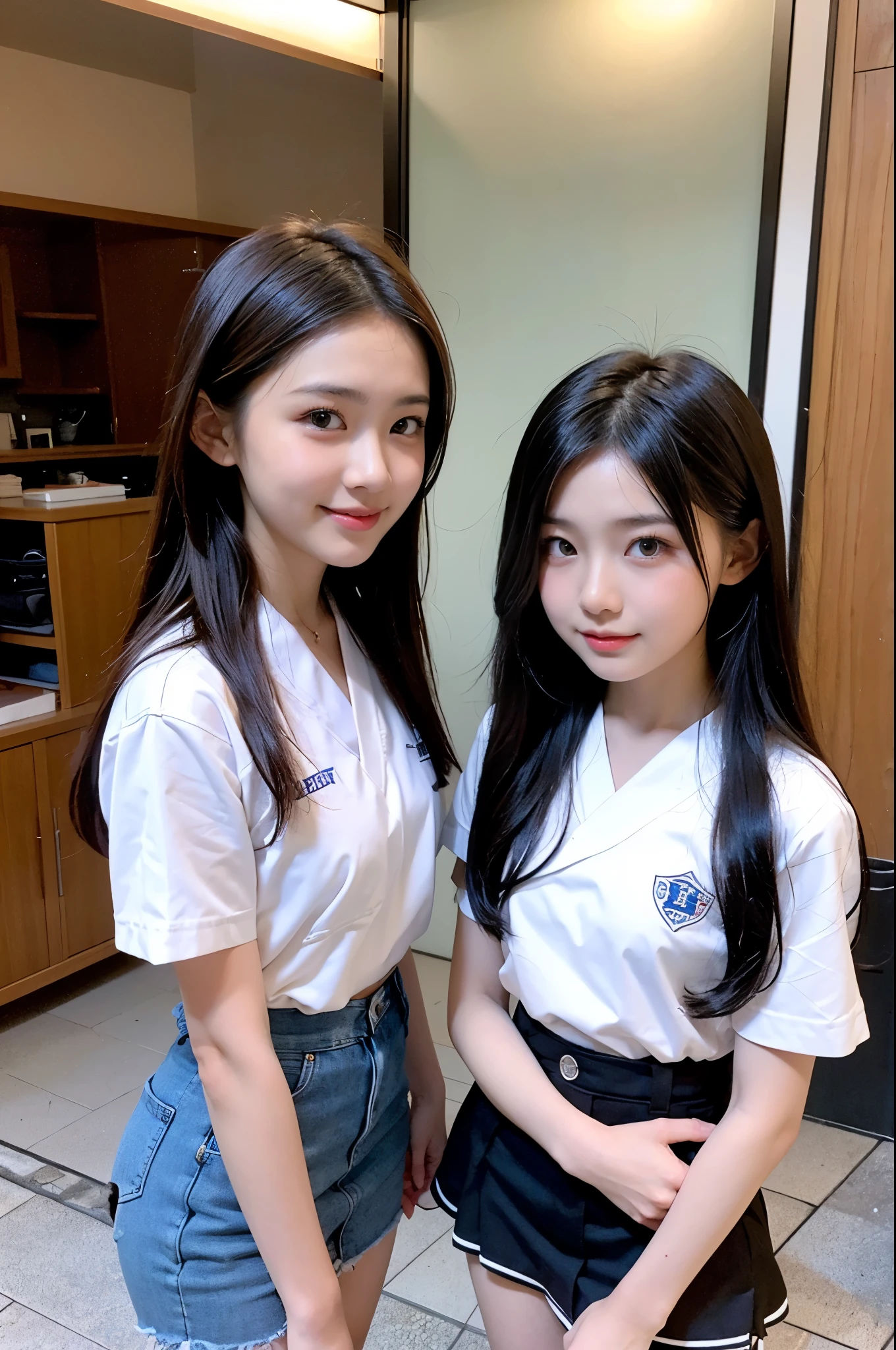 A pair of twin sisters, cute Korean singer girl, photo taken in the room at night, tall, big breast, sitting with open legs, face to face,, wearing tight slim black tight short skirt, cute real girl, bare furrow, blue hair and pink hair, sexy, realistic korean girl, girl, cute schoolgirl, looking at the audience, necklace, delicate makeup