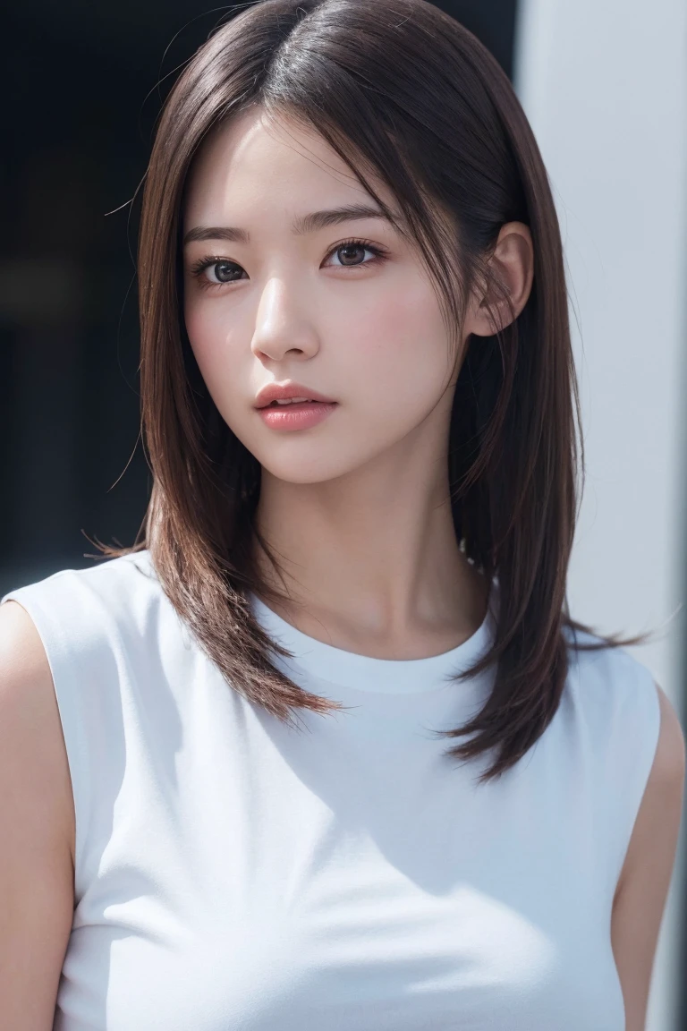 (top-quality、16K resolution)1人、独奏、natural soft light、small tits、A Japanese Lady、Looking at the camera、white t-shirts、Concrete background、Facing the front、is standing、bobhair、Woman in her late teeight bangs、short-hair、Salon model、Natural look、portlate、floated hair、Rolled hair