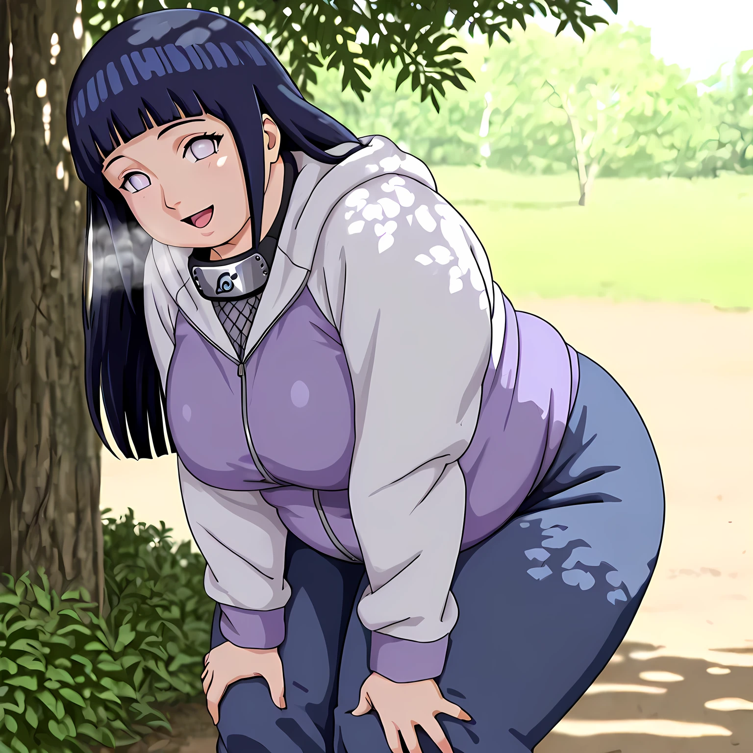 1girl,solo,looking at viewer,smile,Hinata Hyuga,long hair,blunt bangs,dark blue hair,light eyes,forehead protector,konohagakure symbol,purple and white hooded jacket,fishnets,blue pants,(leaning forward,hands on legs,outdoors,dappled sunlight:1.3),(dark:1),highres,absurdres,high resolution,amazing quality,VOLUMETRIC LIGHTING, DEPTH OF FIELD fat, chubby, obese, gigantic arms and legs, large breasts open mouth, out of breath