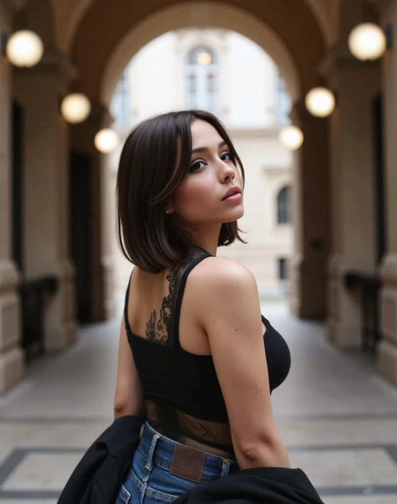 (Masterpiece:1.2, Best Quality), 1 girl, Spanish, 38 years, Delgado, slender, adjust shoulders and arms, Brown eyes, sharp eyes, Little mom, Leaning forward, in front of the viewer, dress, strappy sandals, blouse down, messy black hair, nature, serene spaces, on a stone, with Barcelona in the background, sacred Family,