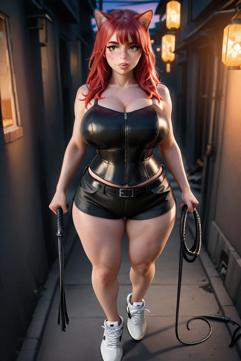 #intro
highest best quality, professional, extremely high-quality photograph
metalpunk, demonic hunter at war, satanic, arcane style, (full body portrait:1.8) of a gothic woman, intricate [leather and lace|fishnet and chains], skimpy, red hair, freckles

#body
beautiful round face, raised eyebrow, highly detailed eyes, realistic hands, smirk
(cellulite:1.2), plus size, (chubby:1.2), very large natural breasts, cleavage, (visible breast stretch marks:1.1), thick calves

#style
red glowing mist, atmospheric lighting, cinematic composition, detailed, intricately detailed, hyperdetailed, masterpiece, absurdres, nsfw, professional photography, highly detailed, sharp focus, Shot on 70mm lens, Depth of Field, DOF, Tilt Blur, Shutter Speed 1/1000, F/22, posing like a professional model
(extremely detailed 8k wallpaper), dramatic, intricate, 8k, art station, highly detailed, intense, sharp focus, dramatic, HDR, high resolution