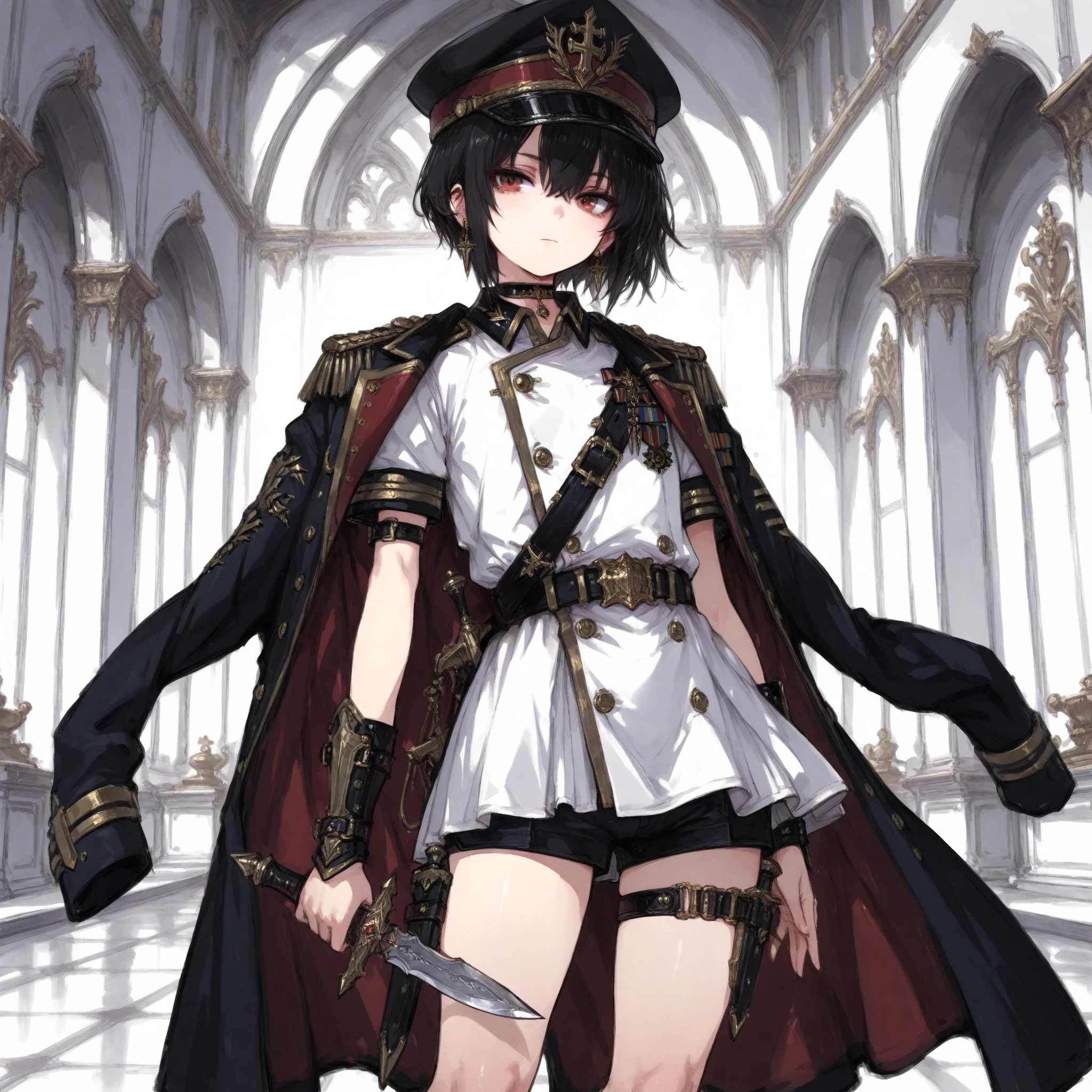 ((Best Quality)), ((masterpieces)), (detailed), Perfect Face, SOLO, ((femboy)), tomgirl, ANIME, beautiful detailed eyes, BOB hair, BOBed hair, black hair, RED EYES, BARE thighs, (((BARE LEG))), ((BLACK short pants)), (((white dress shirt))), ((Flat chest)), Choker, (knife thigh strap), (General's Uniform), uniform hat, ((general uniform top)), arm straps, ((black general's uniform top draped over the shoulders)), expressionless, tight short black shorts, earring, Royal palace, GREAT HALL, (buckle), ((Tuck in the shirt)), ((uniform outerwear)), short sleeves, wrist guard, ((Holding dagger))