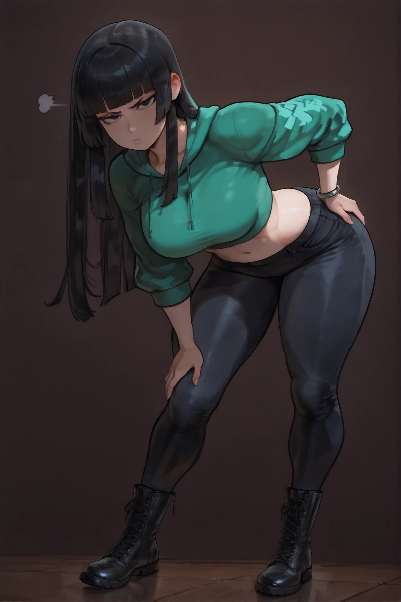 score_9, score_8_up, score_7_up, score_6_up, score_5_up, score_4_up, 
BREAK
(masterpiece: 1.0), best quality, perfect anatomy, perfect composition, perfection,
BREAK
cinematic lighting, stopu42
BREAK
1girl, long hair, black hair, Hime cut hair, black eyes, open black hoodie, green shirt, black jeans, bracelets, crop top shirt, combat boots, breasts, pout, leaning forward, cute pose. Looking at viewer,  cute pose, voluptuous, simple background, Painterly, hyperdetailed painting, impressionism