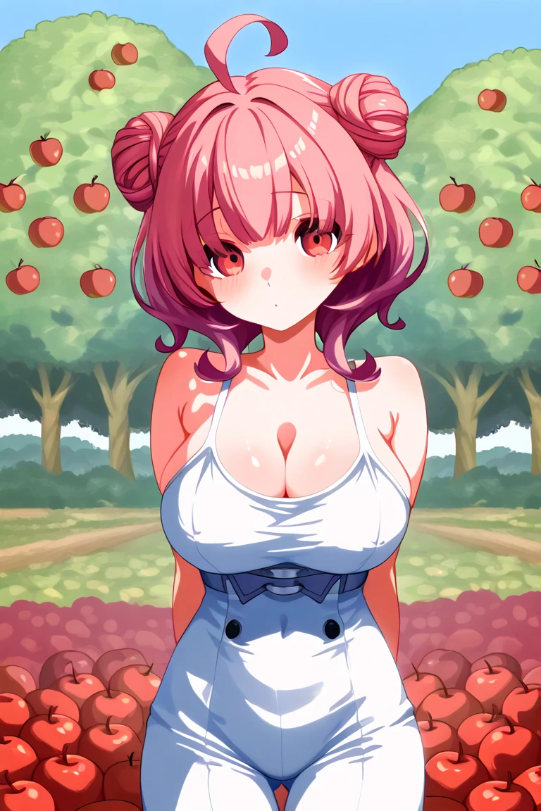 1girl, nsfw, kohinata_ichigo, BLONDE HAIR, STRAWBERRY HAIR ORNAMENT, TWIN BRAIDS, HAIR BOBBLES, LONG HAIR, RED EYES,, empty eyes, large breasts, nipple, Standing pee, Orchard, frozen, Wet, crying, Naked, (1girl) Blank look, solo , Peeing, lactation, projectile lactation
