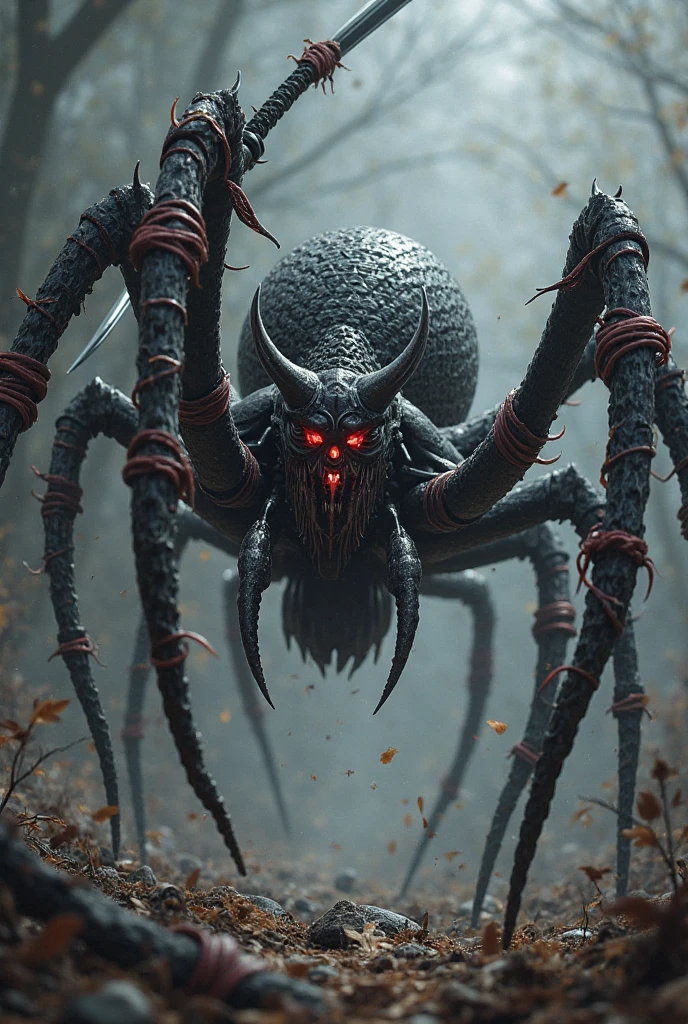 Make a 30 meter spider, her eyes are purple and her mouth too, its paws are tentacles, and she is black