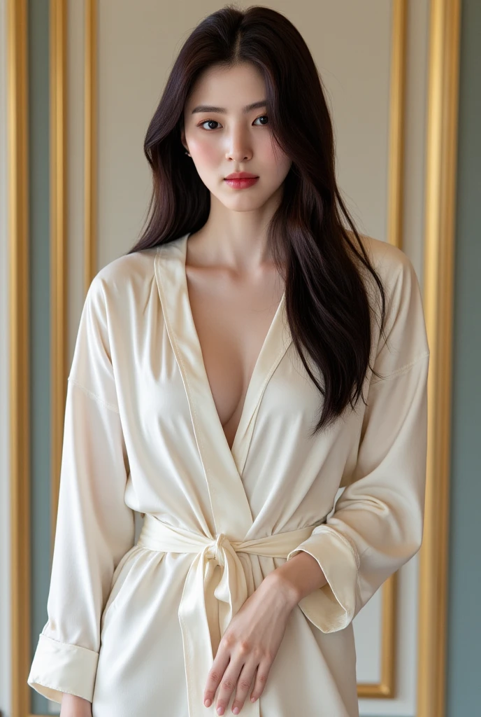 A 28 year old pure lady from a wealthy family, showering in the bathhouse. Slim waist, tall and bony, with a flat lower abdomen and a moist body. Wearing a semi loose ultra-thin perspective silk bathrobe without any underwear.