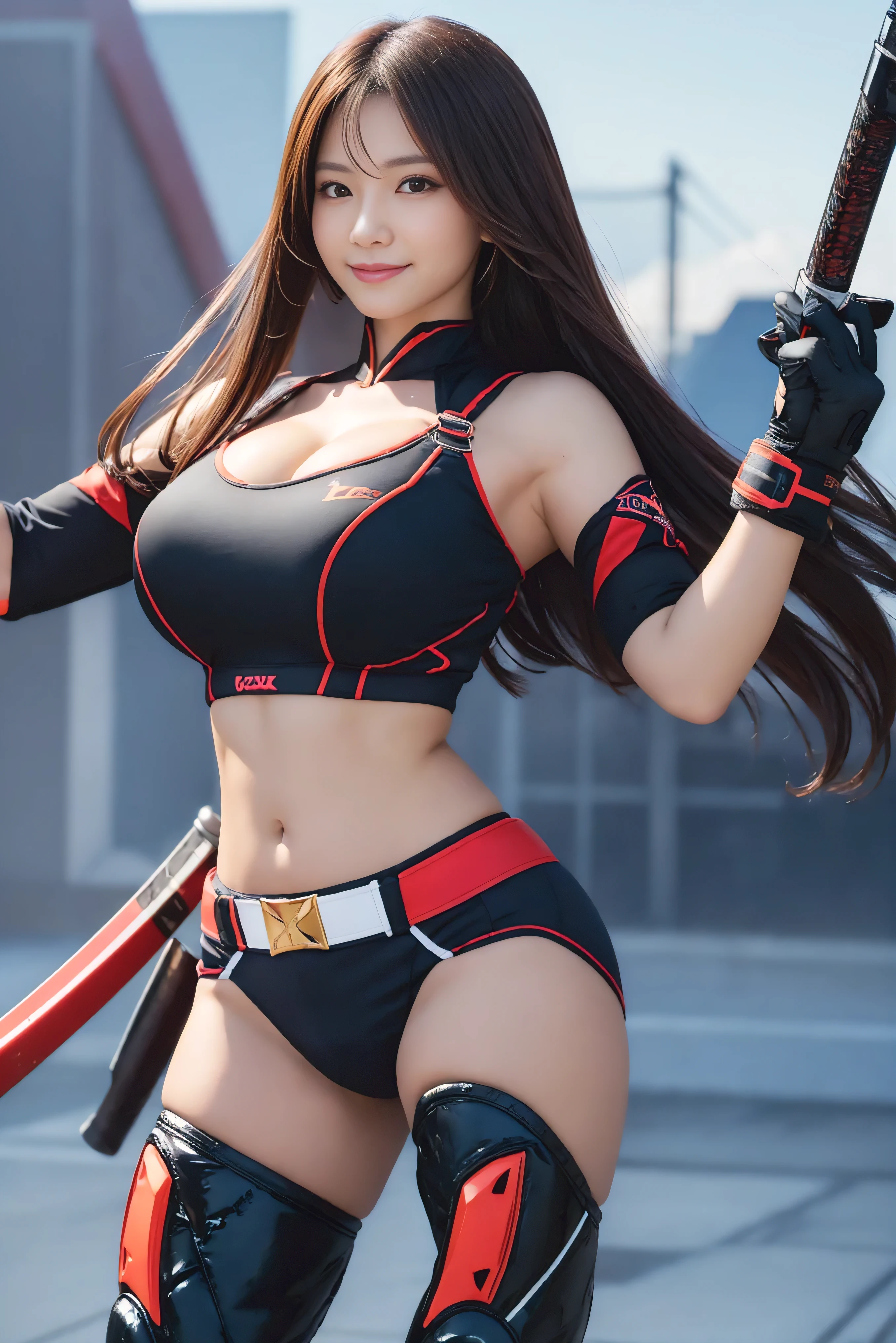 A MILF ， show her butt at viewer , she takes shield and saber blade , The background is the battlefield，black hair color hair，Red sunglasses，Bright red tight combat uniform，microkini，Expose the lower half of the breast，Breast areola , military hat , long coat ,