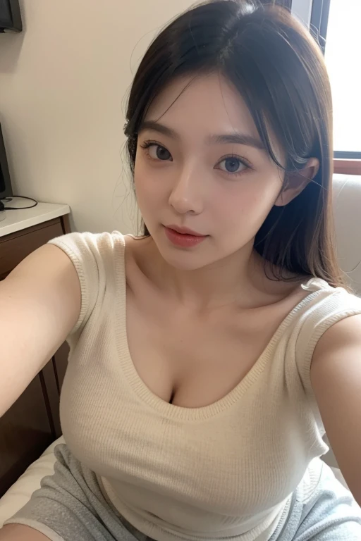 highest quality,masterpiece,Ultra-high resolution,(Realistic:1.4),Beautiful lighting, (Highly detailed CG Unity 8k wallpaper), Beautiful face in every detail,Detailed clothing, 50mm portrait photography, One Girl,Big black eyes, cute, young, Temporarily stop, Facial Lighting, Physically Based Rendering,Written boundary depth , Black Hair, Large Breasts,(Serious face), ((Take from above)), (Please open your mouth wide),Japanese women、20-year-old、camisole、Young and beautiful woman taking a selfie, Taken with iPhone camera、In front of a white wall