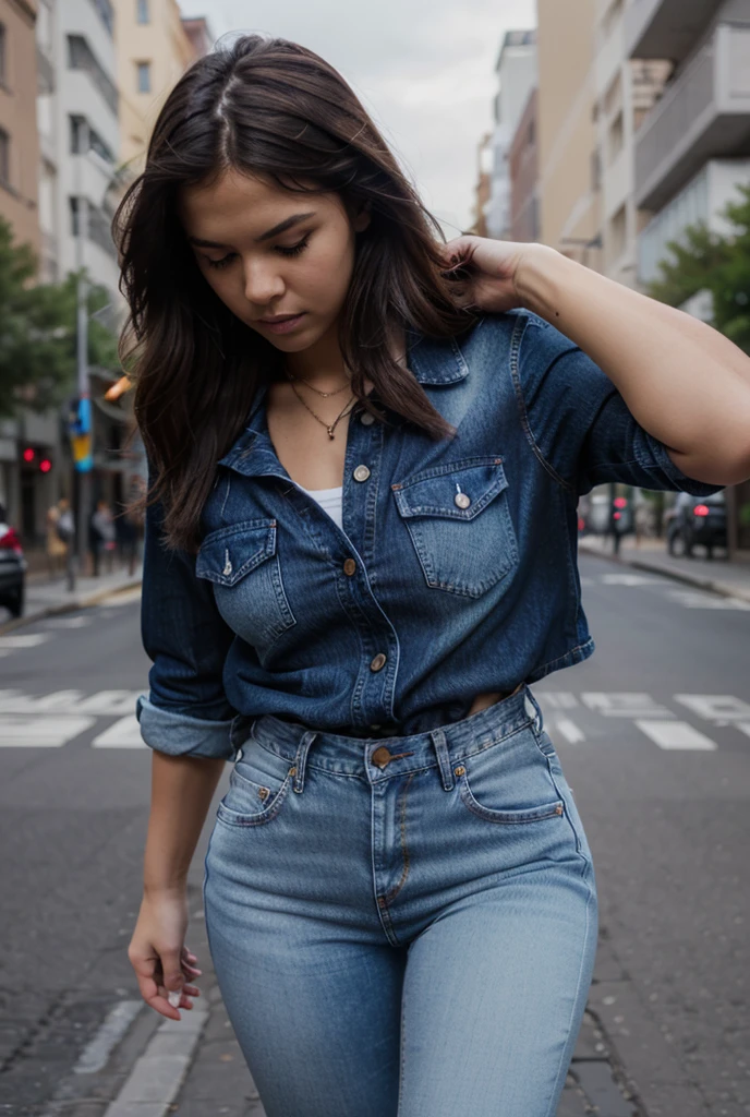 1 girl, mexican, beautiful, pine nut skin, black eyes, long eyelashes, very wide eyebrows, wide eyebrows, 20, skinny denim pants, white sports shoes, semi transparent white top, very short worn denim jacket, in Park, splattered nose, standing posture, height 160 centimeters, very big buttocks, thin waist, full lips, wide mouth, sports body, thick legs, tight pants, wet clothes, BIG BREASTS, raised breasts, youthful breasts, breasts together, medium nipples, thick calves,