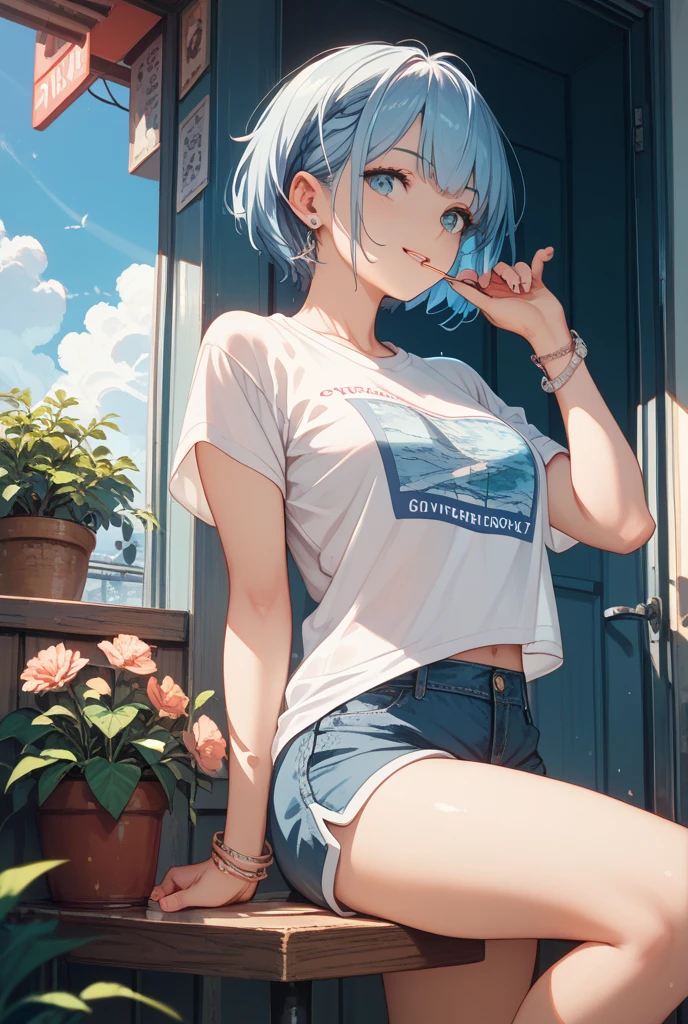 1girl, young girl, blue eyes and white hair, camisole, 18 years old, medium size, holding a smartphone, belt, in the room, balcony outside, sitting, from side, e, thighs, sideboobs