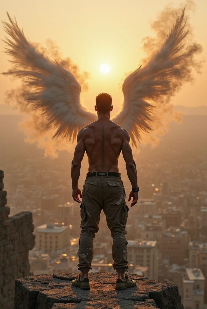 ultra realistic, 8k, cinematic. vibrant and clear colors The image shows a surreal scene with a naked angel, com asas brancas, em um ambiente interno. He's on his feet, with a thoughtful or worried expression, olhando para a frente. The man has blonde hair and his back is to the camera, o que nos permite ver suas asas enviadas. The background is a large glass that offers a panoramic view of an apocalyptic scene next to a city. There is a huge x-ray or explosion occurring, with a column of smoke and red and yellow lights, indicating a catastrophic event, talvez um acidente nuclear ou uma bomba. The sky is lit with shades of orange and purple, decreasing a fire environment or weather event.The interior where the man is is a modern and well-lit environment., com uma janela aberta que oferece uma vista direta para o evento acontecer fora. The contrast between the peaceful interior and the disaster scene outside creates an atmosphere of conflict or shock.