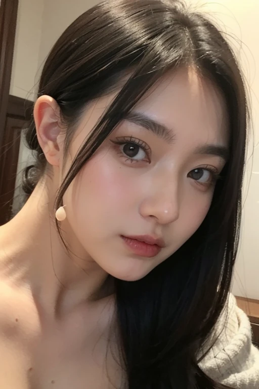 highest quality,masterpiece,Ultra-high resolution,(Realistic:1.4),Beautiful lighting, (Highly detailed CG Unity 8k wallpaper), Beautiful face in every detail,Detailed clothing, 50mm portrait photography, One Girl,Big black eyes, cute, young, Pause, Facial Lighting, Physically Based Rendering,Written boundary depth , Black Hair,Medium Hair,(Serious face), ((Take from above)), Japanese women、20-year-old、Beige bra、(Big Breasts),Hotel Rooms、Young and beautiful woman taking a selfie, Taken with iPhone camera,
